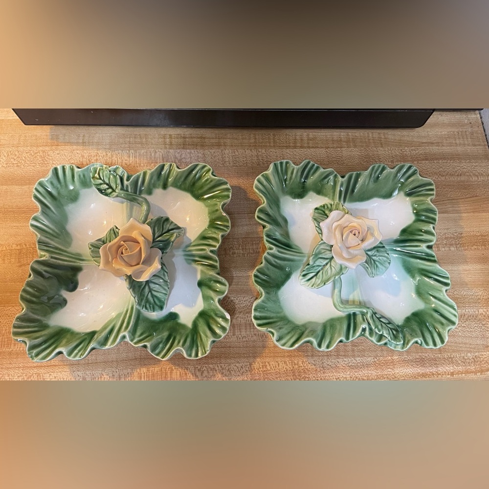Vintage Enesco Porcelain Green Petal Candy Dishes Divided w Pink Rose/